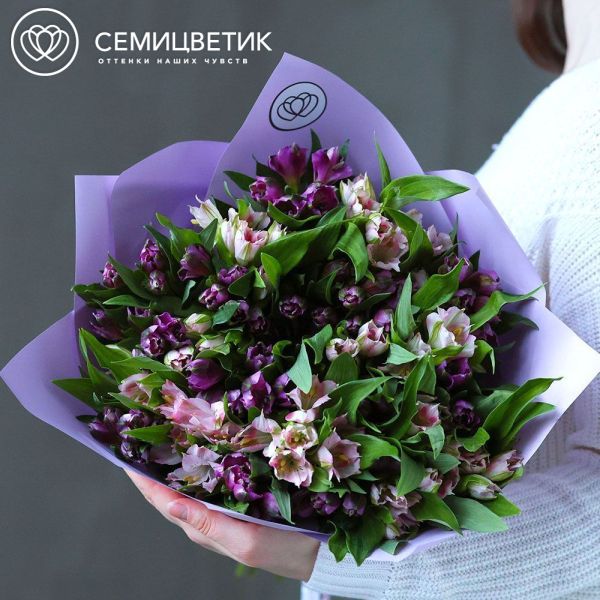 Букет из 25 альстромерий в фиолетовых и розовых тонах в сиреневой пленке