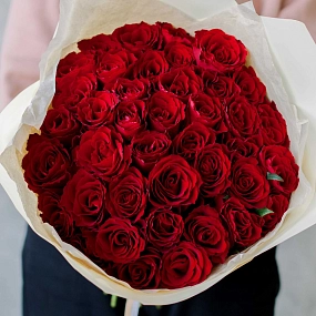 Букет из 41 красной розы 40 см (Кения) в кремовой пленке