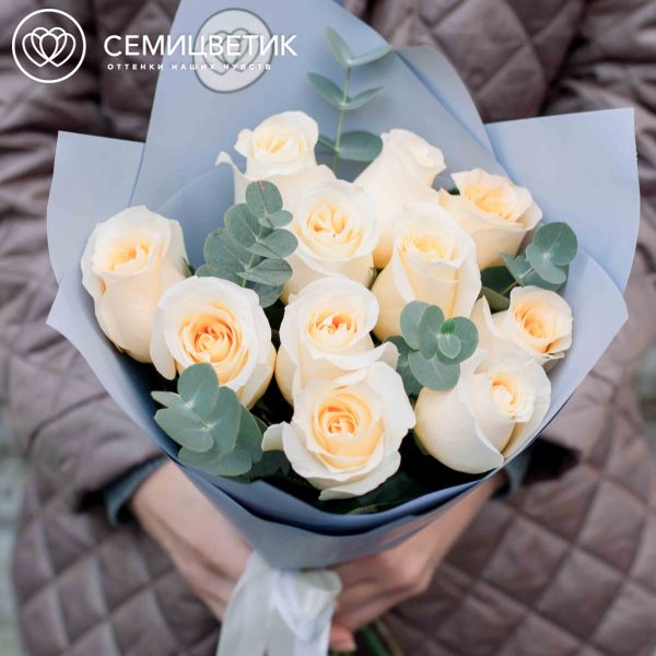 Букет из 11 кремовых роз (Эквадор) 50 см Creme de la Creme с эвкалиптом