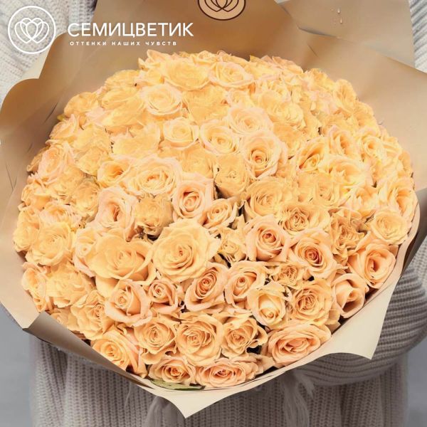 Букет из 101 кремовой розы 40 см (Россия) в кремовой пленке