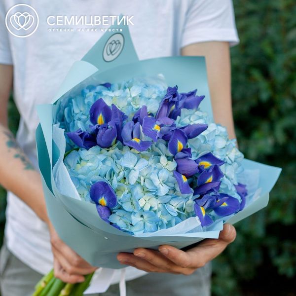 Букет из 3 голубых гортензий и 10 синих ирисов