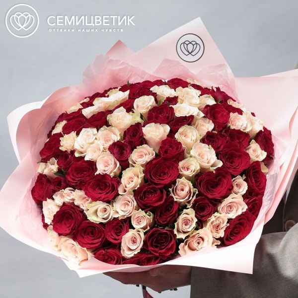 Букет из 101 красной и нежно-розовой розы 30 см (Кения)
