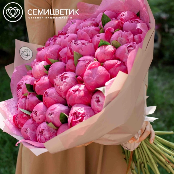 Букет из 51 ярко-розового пиона Command Performance Premium в розовой пленке