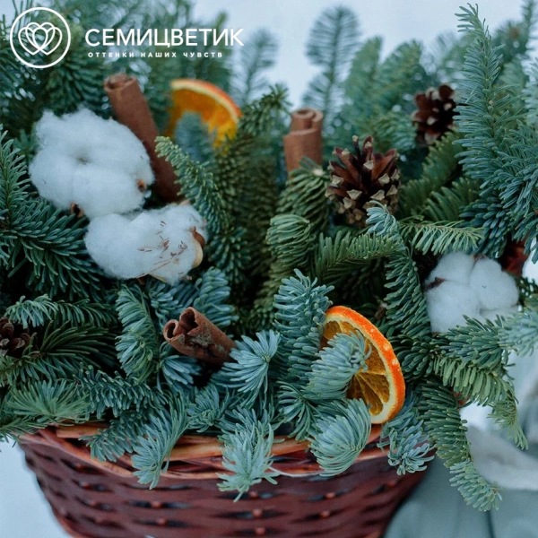 Композиция с елью, хлопком, шишками и дольками апельсина в корзине