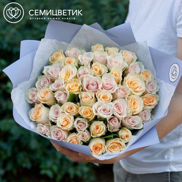 Букет из 51 кремовой и нежно-розовой розы 40 см (Кения) в сиреневой пленке